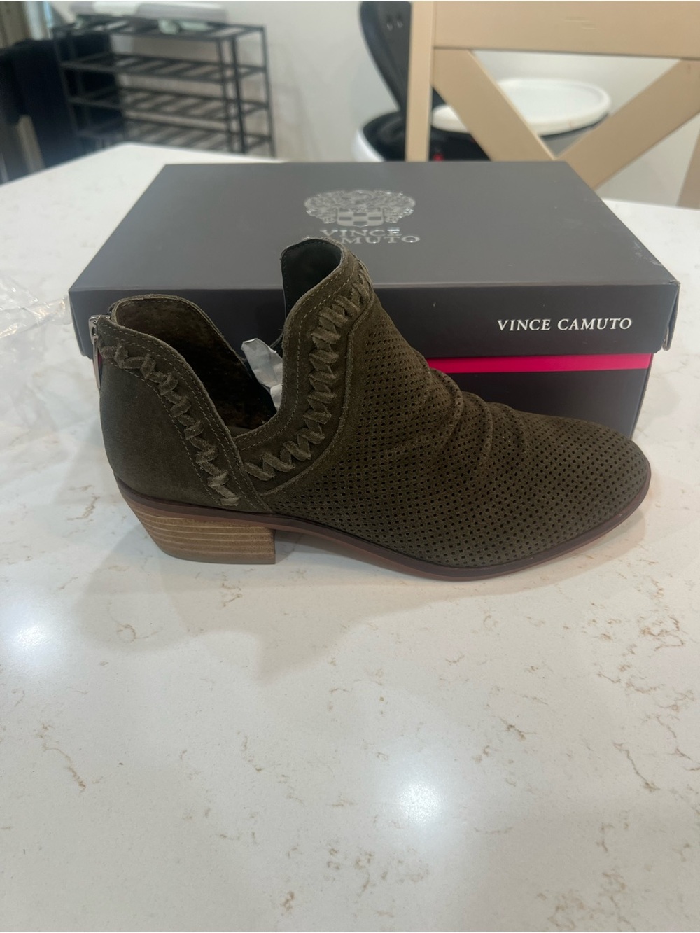 Vince Camuto Olive Perforated Suede Cutout Ankle Bootie